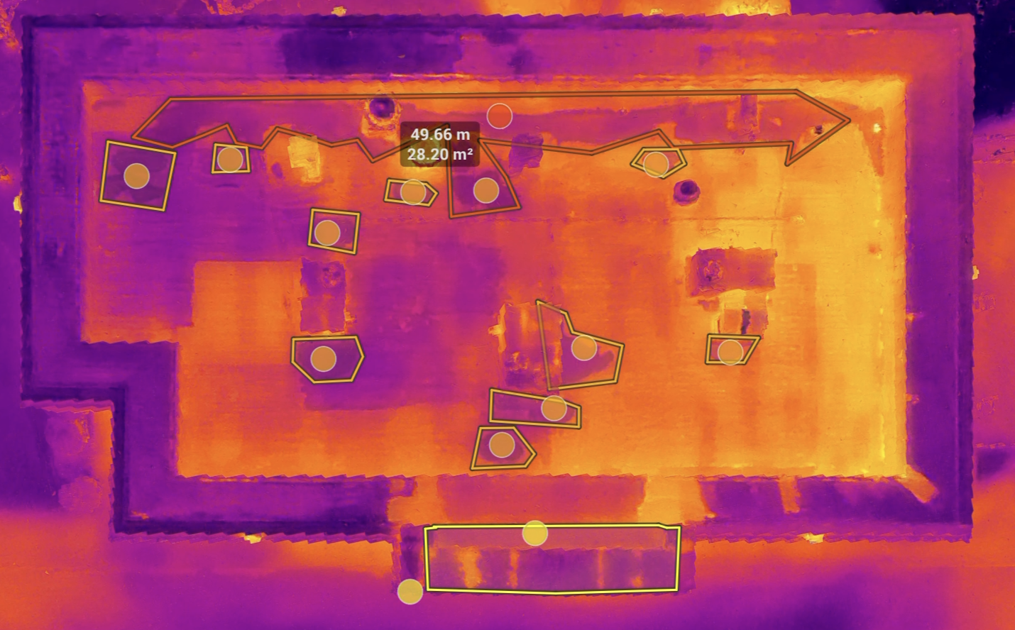 Radiometric thermal layer of the same roof with heat signatures and measurements